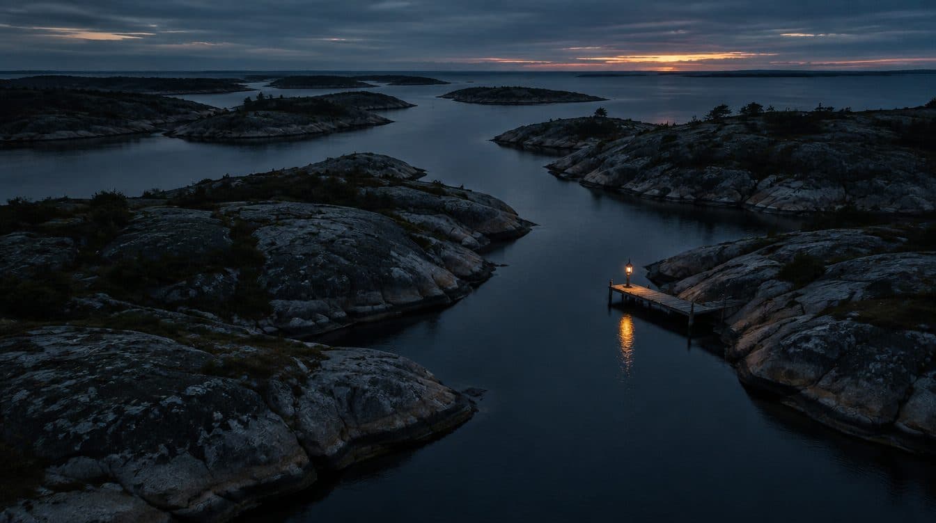 Channels of calm water winding between granite skerries toward one lit pier at dusk