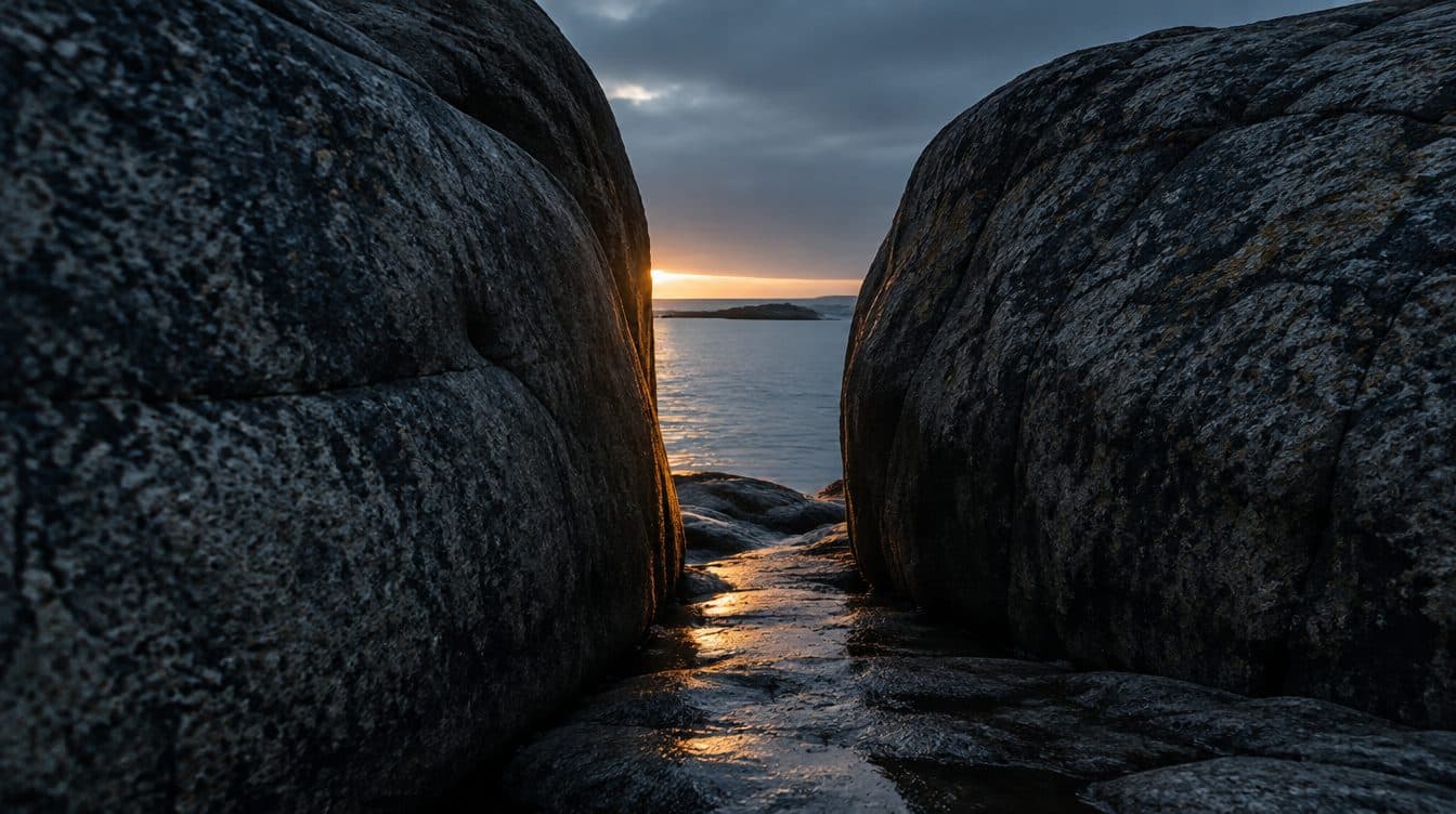 Dawn light falling through a narrow gap between two granite boulders on the coast