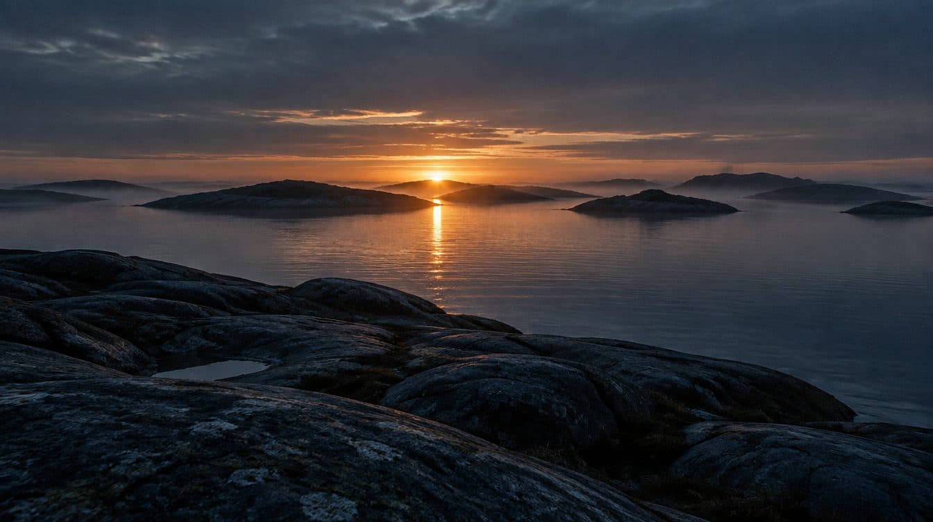 Sunrise over the Swedish west coast archipelago, a path of light across calm water between dark islands