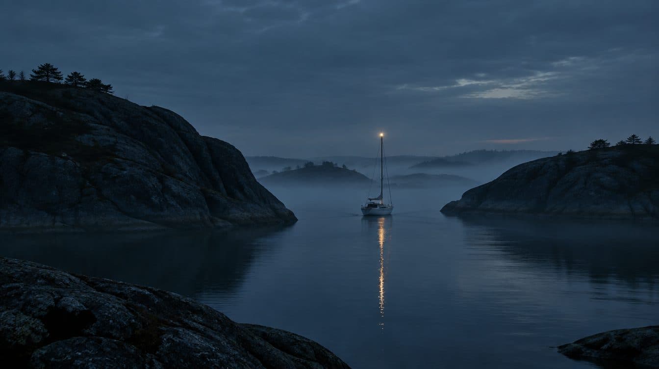 A small sailboat with one light threading between dark rocks at blue hour