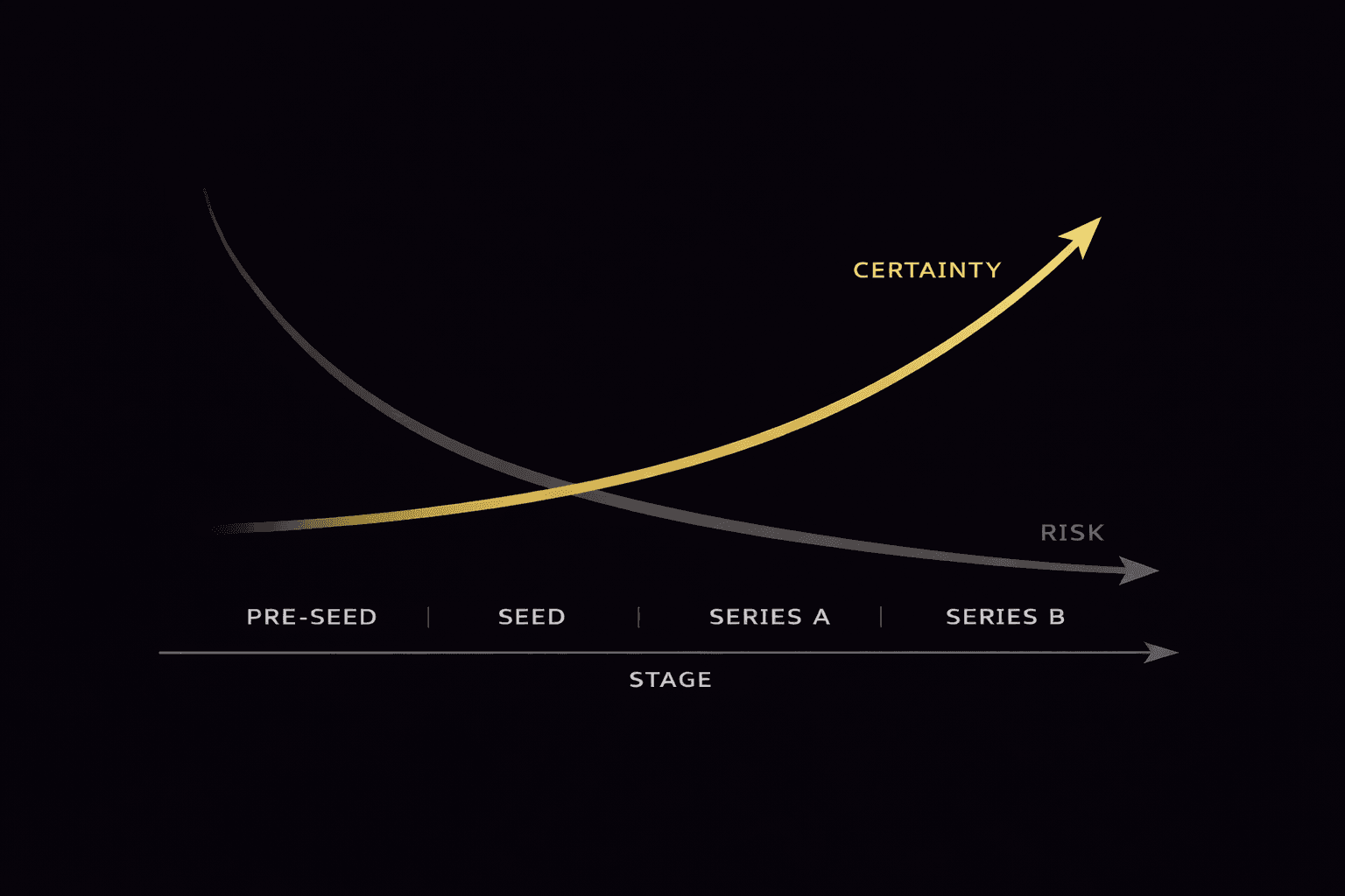 Visual framework illustrating venture capital stages from Pre-Seed to Series B and corresponding risk categories