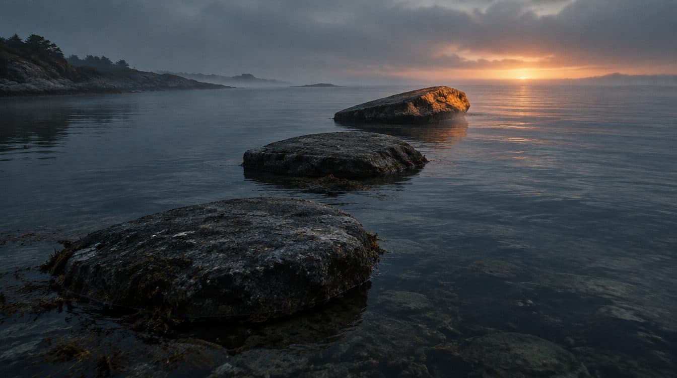 Flat granite stepping stones leading out over calm water at dawn, the farthest one lit by the rising sun